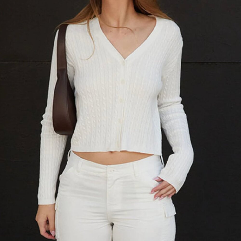 Brandy Melville John Galt White Cable Knit Button Up Cardigan one size